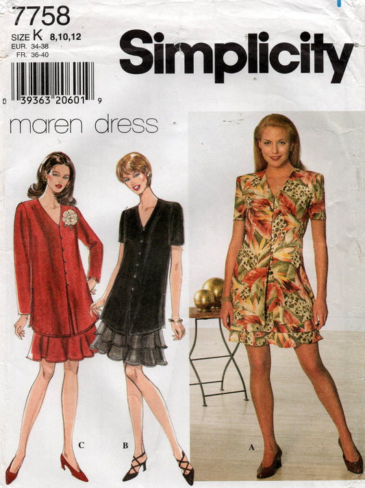 Patrón de costura vintage de los años 90 para vestido de mujer con falda con volantes Simplicity 7758, talla 8 a 12, sin cortar, doblado de fábrica
