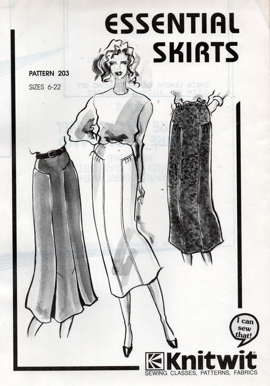 Patrón de costura de falda elástica básica para mujer Knitwit 203, años 90, talla 6-22, sin cortar, doblada de fábrica