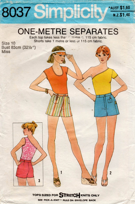 Patrón de costura vintage de los años 70 Simplicity 8037 para blusas y pantalones cortos elásticos de verano para mujer, talla 10