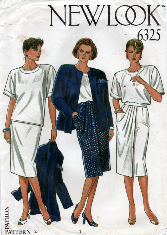 New Look 6325 Womens EASY Pullover Top Jacket & Skirt/Wrap Skirt 1980s Vintage Sewing Pattern Sizes 8 - 18 UNCUT Factory Folded