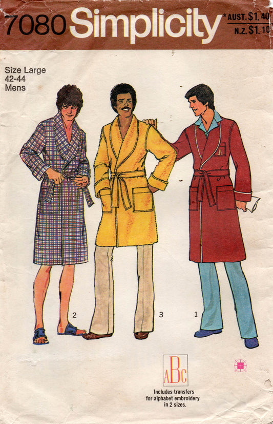 Patrón de costura vintage de los años 70 para bata de cuello chal para hombre Simplicity 7080, talla grande, pecho de 42 a 44 pulgadas