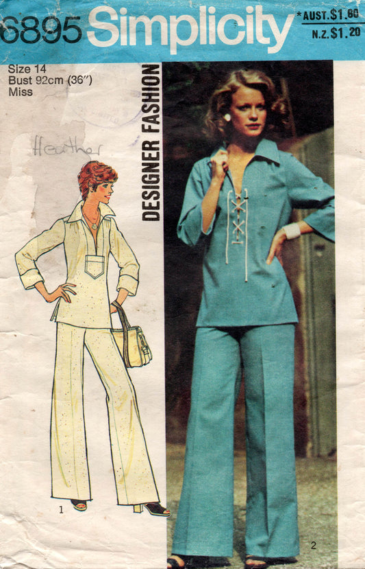 Patrón de costura vintage de los años 70 para jersey y pantalón hippie de diseñador para mujer Simplicity 6895, talla 14 pero 36 pulgadas