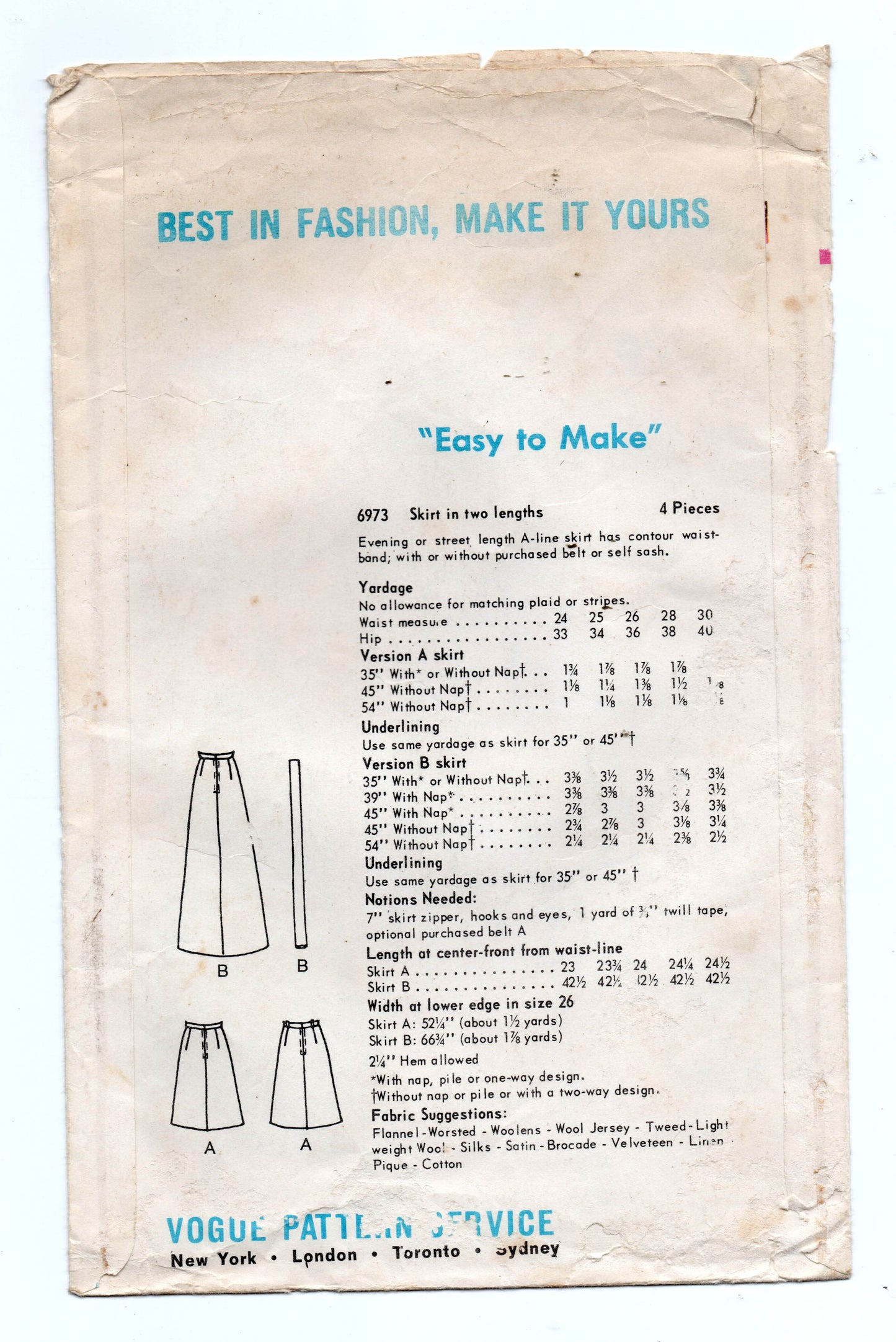 Vogue 6973 Womens EASY A Line Skirts 1960s Vintage Sewing Pattern Waist 28 inches