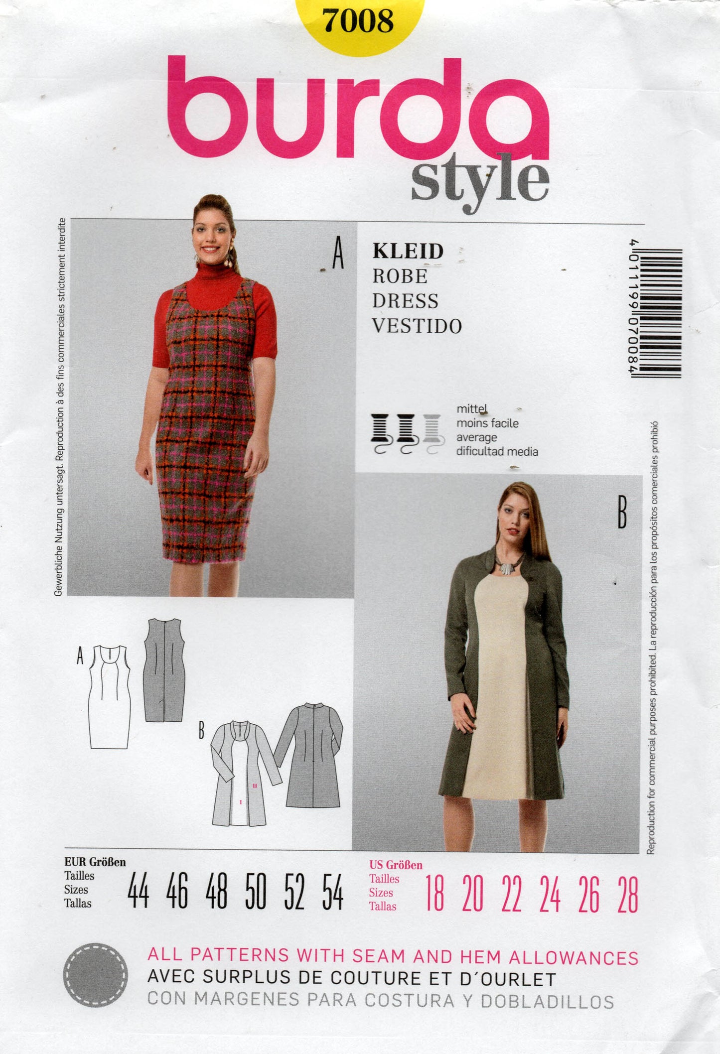 Burda 7008 Panelled Dress or Pinafore Out Of Print Sewing Pattern Sizes 18 - 28 UNCUT Factory Folded