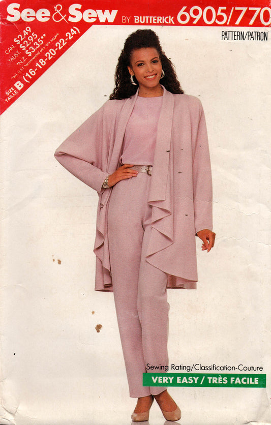 Patrón de costura vintage de los años 80 para chaqueta y pantalones con drapeado delantero para mujer Butterick See & Sew 6905, tallas 16 a 24, doblado de fábrica y sin cortar