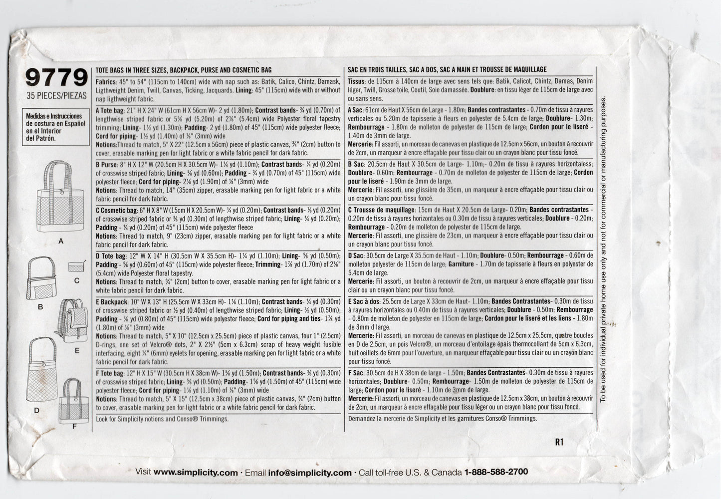 Patrón de costura agotado para bolsos de mano para mujer Simplicity 9779, bolso cosmético, mochila y bolso, sin cortar, pliegues de fábrica