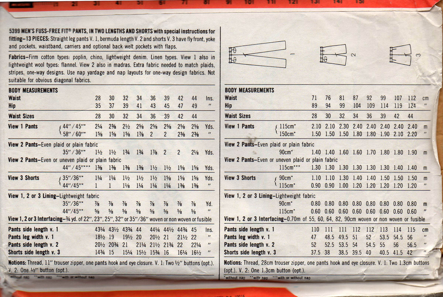 Simplicity 5399 Mens Fuss Free Fit Pants & Shorts 1980s Vintage Sewing Pattern Size 34 or 44 UNCUT Factory Folded