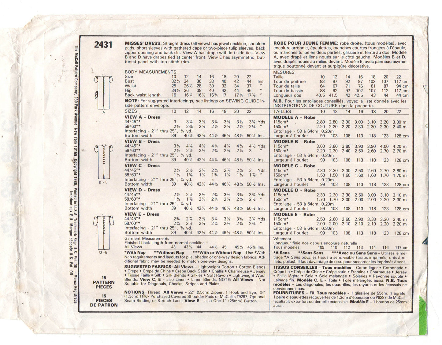 Patrón de costura vintage de los años 80 para vestido cruzado con mangas estilo tulipán para mujer McCall's 2431, talla 12, busto de 34 pulgadas, sin cortar, doblado de fábrica