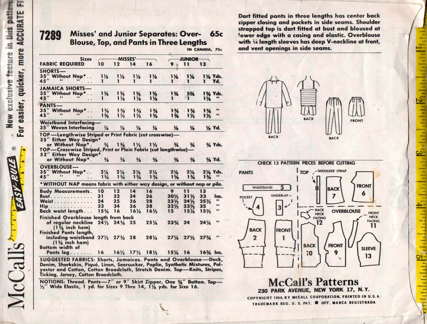 McCall's 7289 Womens Blouse Camisole Top Capri Pants & Shorts 1960s Vintage sewing pattern Size 14 Bust 34 inches