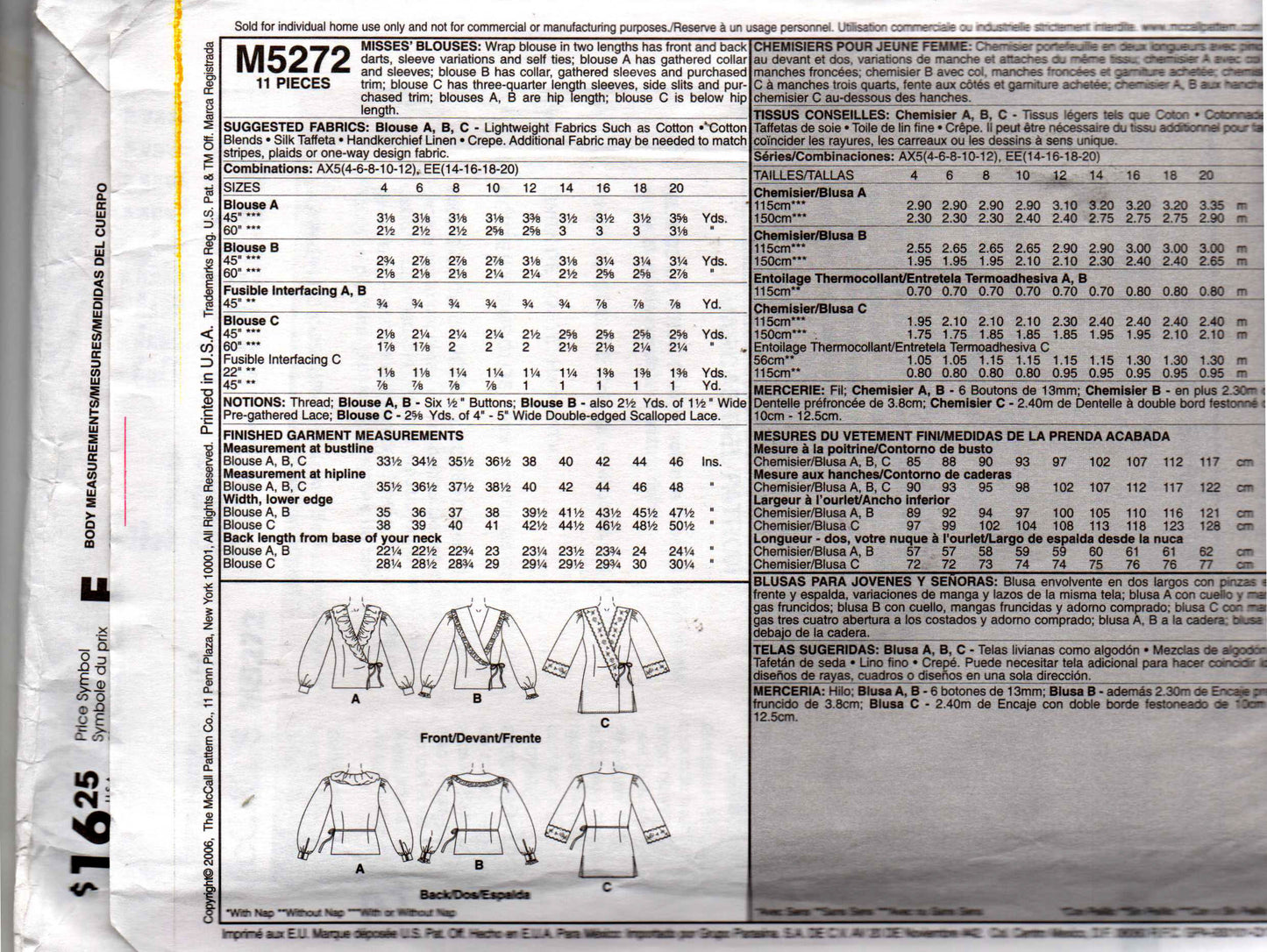 McCall's 5272 Womens Ruffled Summer Wrap Tops Out Of Print Sewing Pattern Sizes 4 - 12 UNCUT Factory Folded