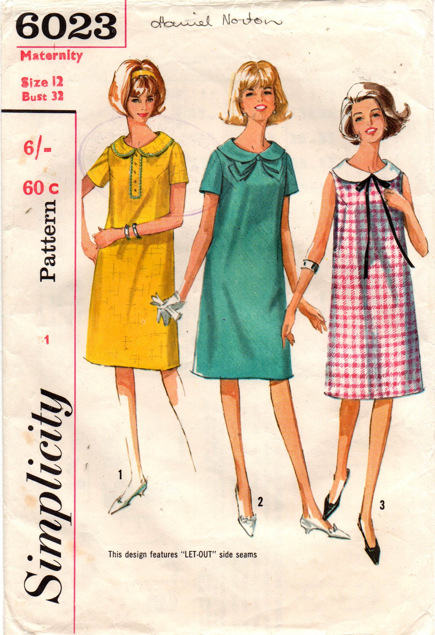 Simplicity 6023 Womens Maternity Dress with Collar 1960s Vintage Sewing Pattern Size 12 Bust 32 inches - All The Precious Things Simplicity 6023 Womens Maternity Dress with Collar 1960s Vintage Sewing Pattern Size 12 Bust 32 inches - All The Precious Things