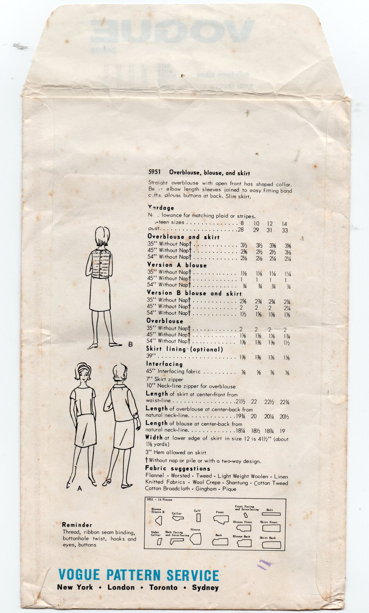 Vogue 5951 Sub Teen Girls Pullover Top Blouse & Skirt 1960s Vintage Sewing Pattern Size 10