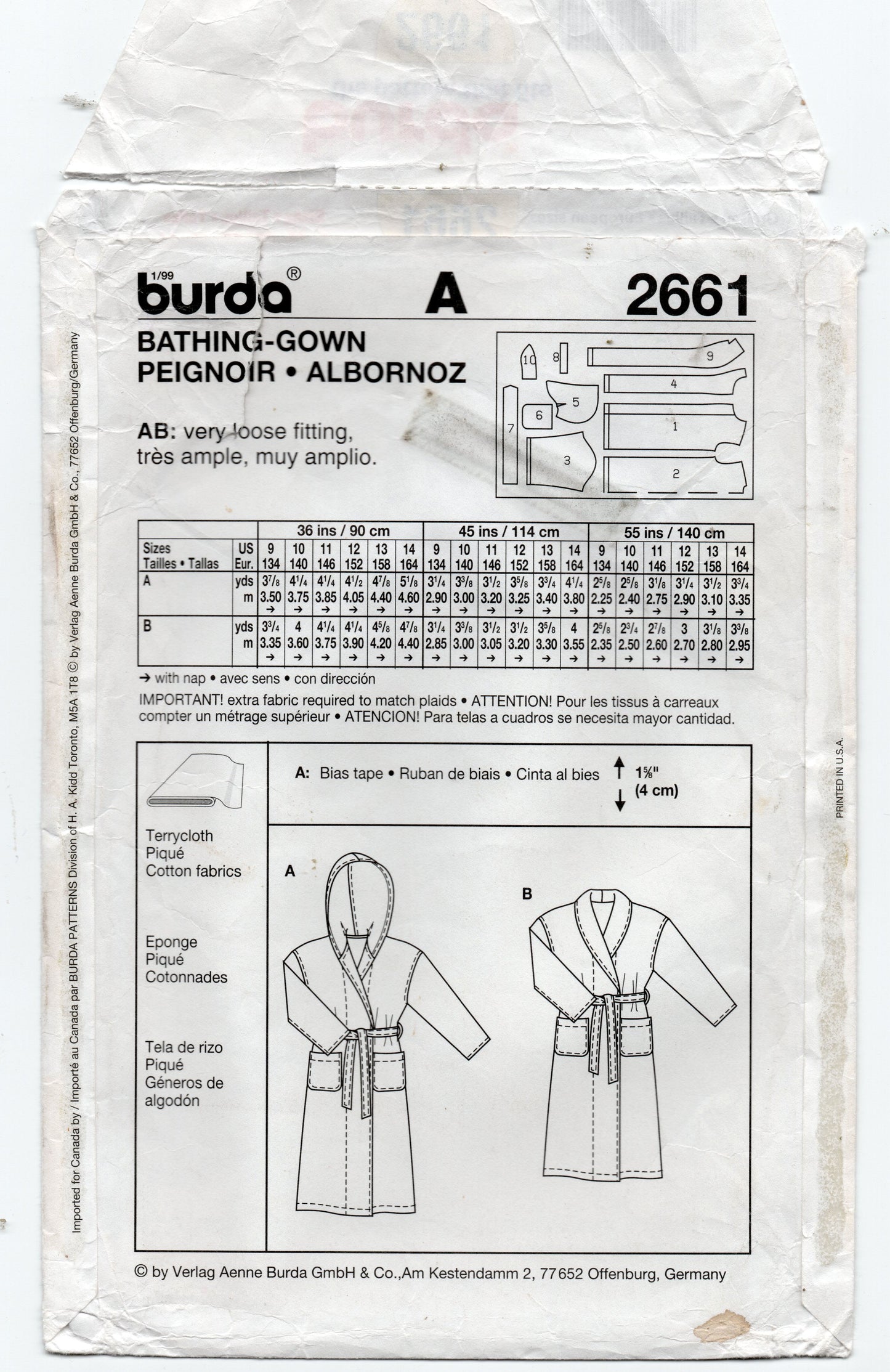 Burda 2661 Boys EASY Wrap Robe Dressing Gown Out Of Print Sewing Pattern Size 9 - 14 UNCUT Factory Folded