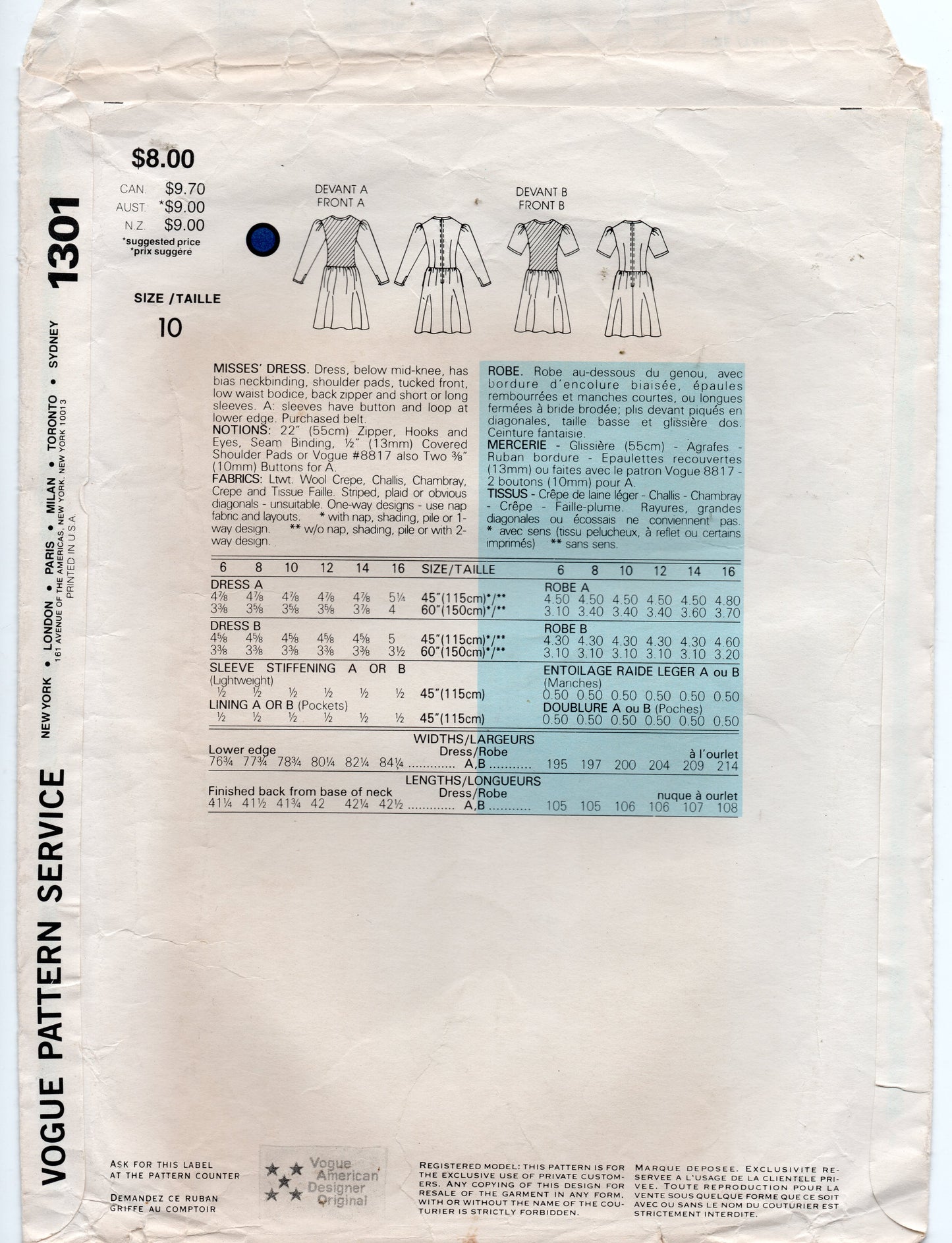 Vogue American Designer 1301 ALBERT NIPON Womens Puff Sleeved Drop Waisted Dress with Tucks 1980s Vintage Sewing Pattern Size 10 Bust 32.5 inches