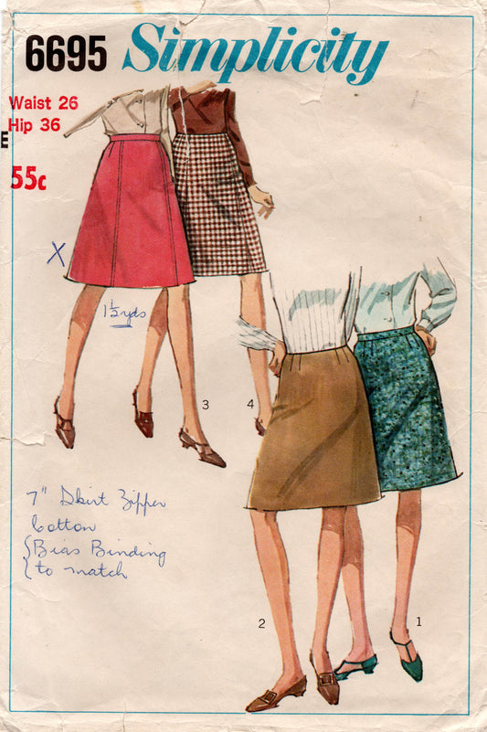 Patrón de costura vintage de los años 60 para faldas clásicas de corte A para mujer Simplicity 6695, cintura de 26 pulgadas