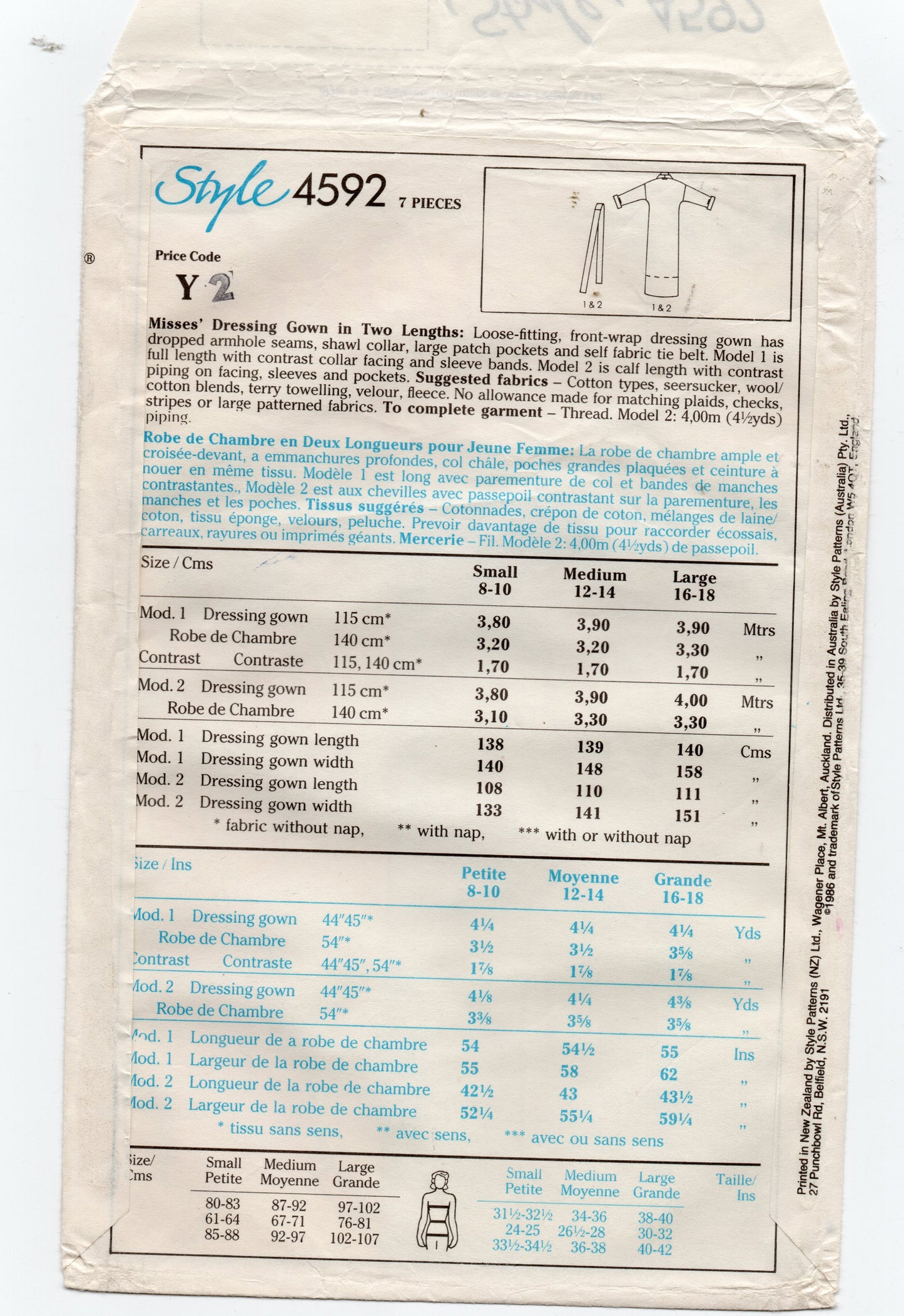 Patrón de costura vintage de los años 80, estilo 4592, para bata larga o corta de mujer, talla pequeña 8 a 10, sin cortar, doblada de fábrica