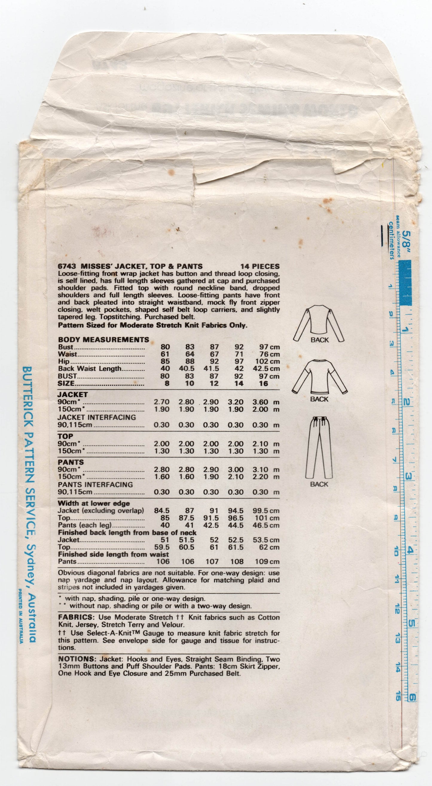 Butterick 6743 NANCY STOLKIN Womens Stretch Top Jacket & Pants 1980s Vintage Sewing Pattern Size 14 UNCUT Factory Folded