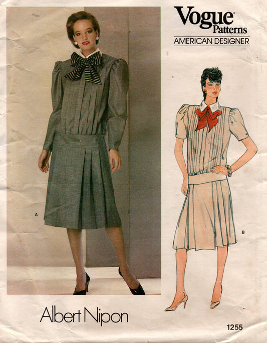 Vogue American Designer 1255 ALBERT NIPON Womens Dropped Waist Pleated Dress 1980s Vintage Sewing Pattern Size 14 Bust 36 Inches UNCUT Factory Folded