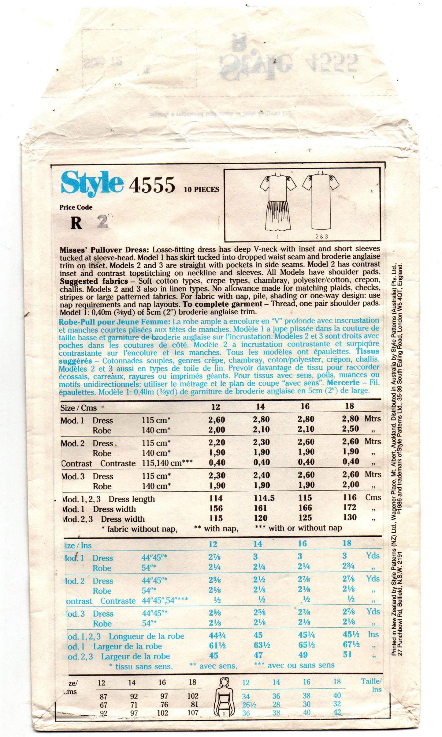 Patrón de costura de vestido estilo jersey para mujer, estilo 4555, años 80, vintage, talla 12 o 14, sin cortar, doblado de fábrica
