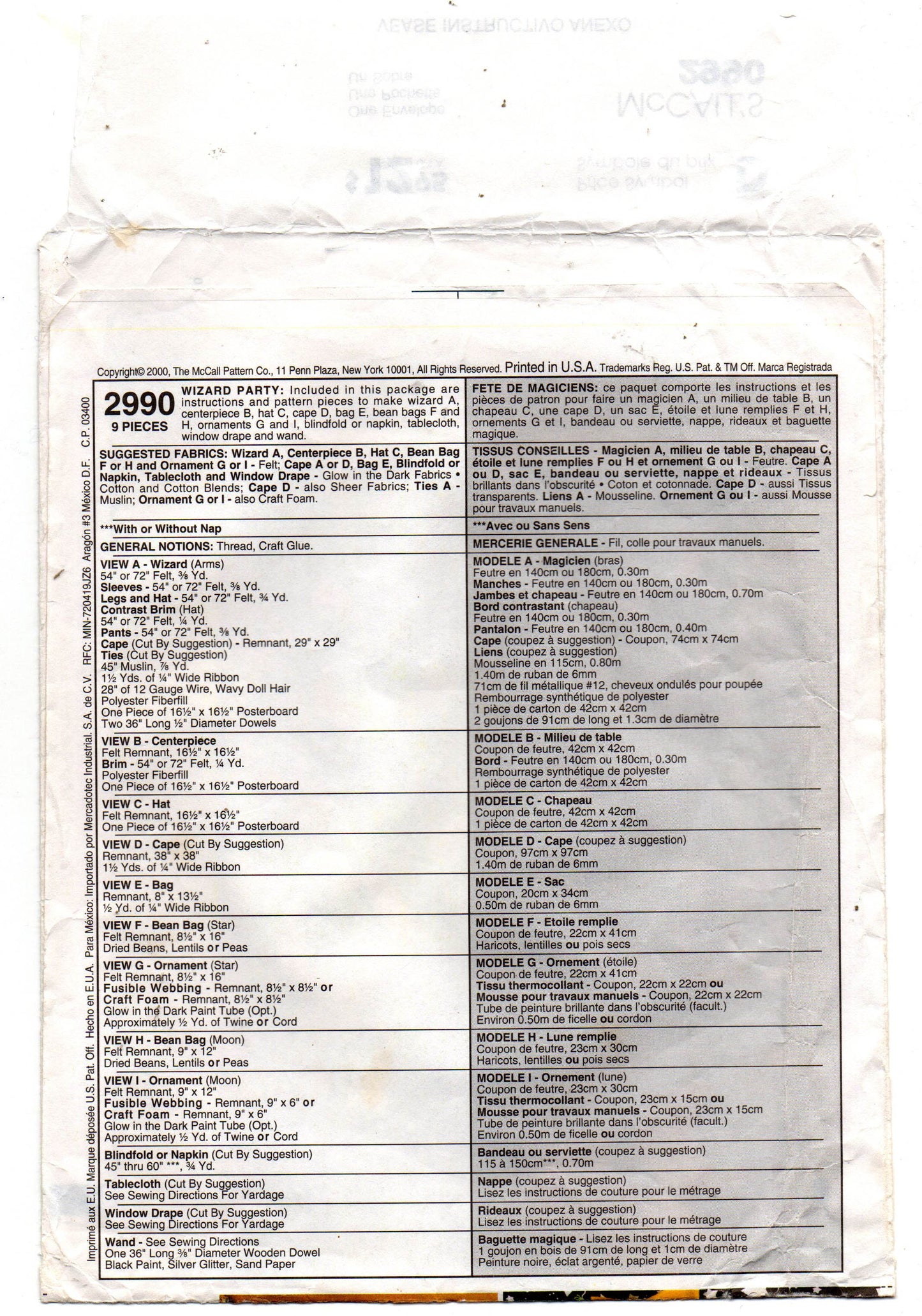 McCall's 2990 WIZARD PARTY Decorations Cape Hats Out Of Print Sewing Pattern UNCUT Factory Folded