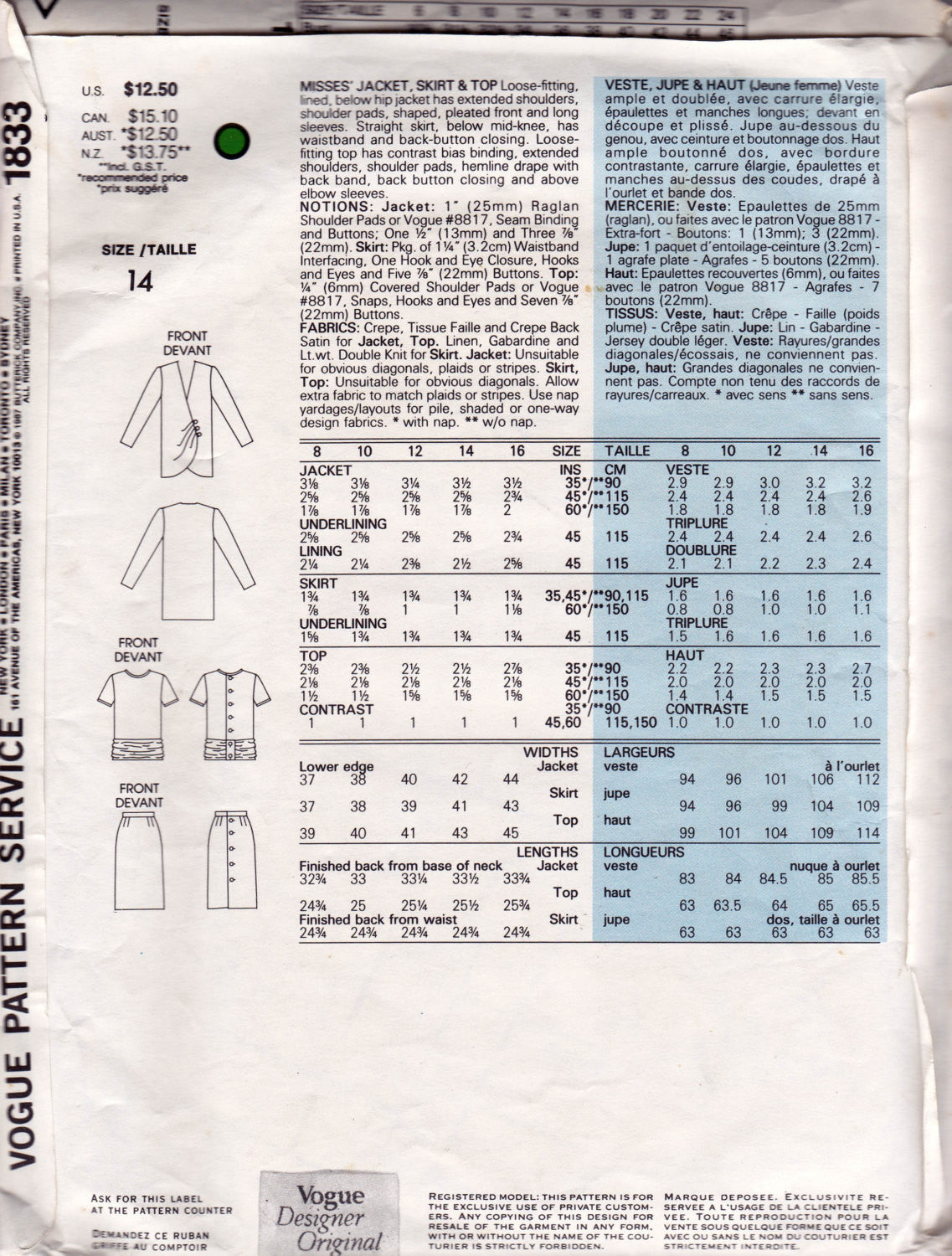 Vogue Designer Original 1833 BELLVILLE SASSOON Womens Skirt Top & Tulip Shaped Jacket 1980s Vintage Sewing Pattern Size 12 or 14