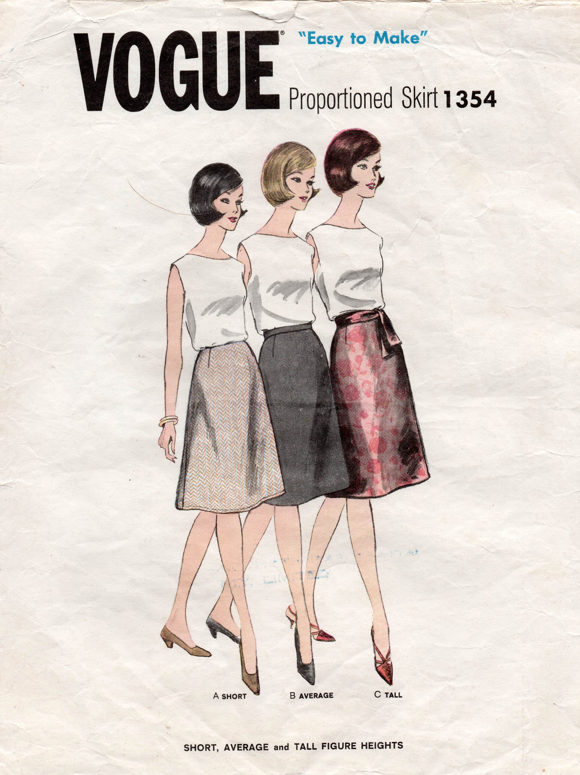 Vogue 1354 Womens Proportioned A Line Skirt 1960s Vintage Sewing