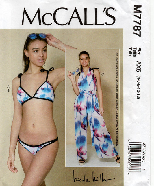 Patrón de costura agotado para bikini y mono de pierna ancha para mujer M7787 NICOLE MILLER de McCall, talla 4 a 12, doblado de fábrica