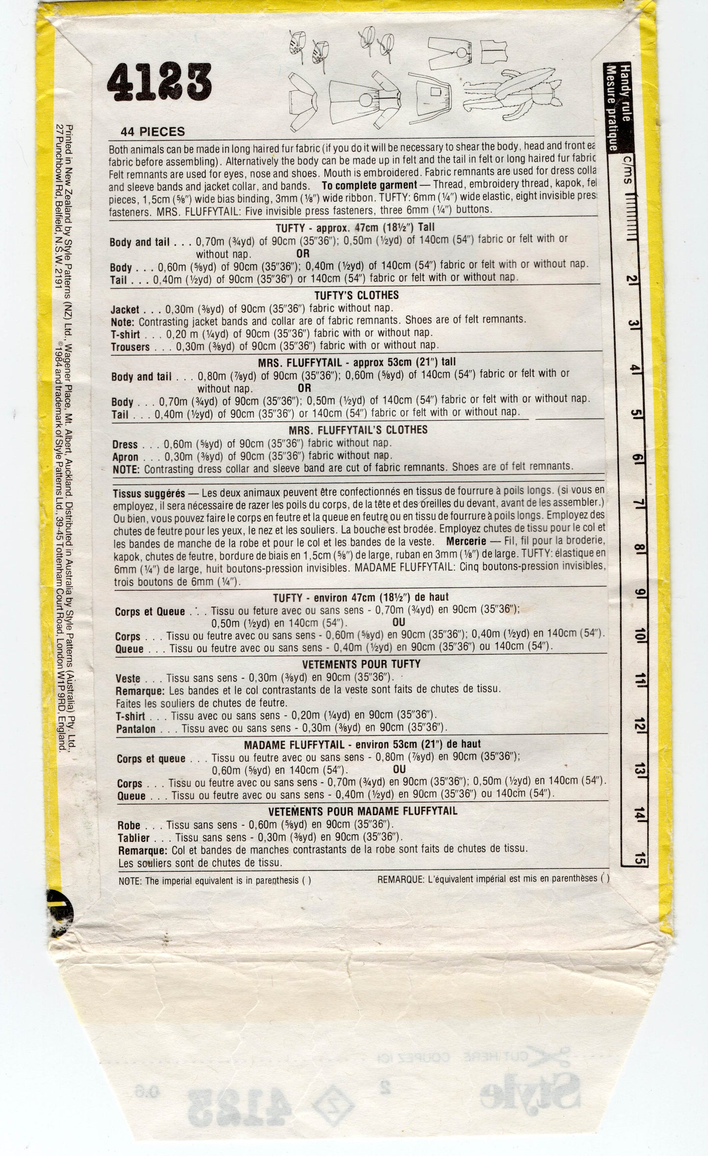 Patrón de costura vintage de los años 80, sin cortar, con pliegues de fábrica, estilo 4123, juguetes de peluche retro, conejos para niños y niñas