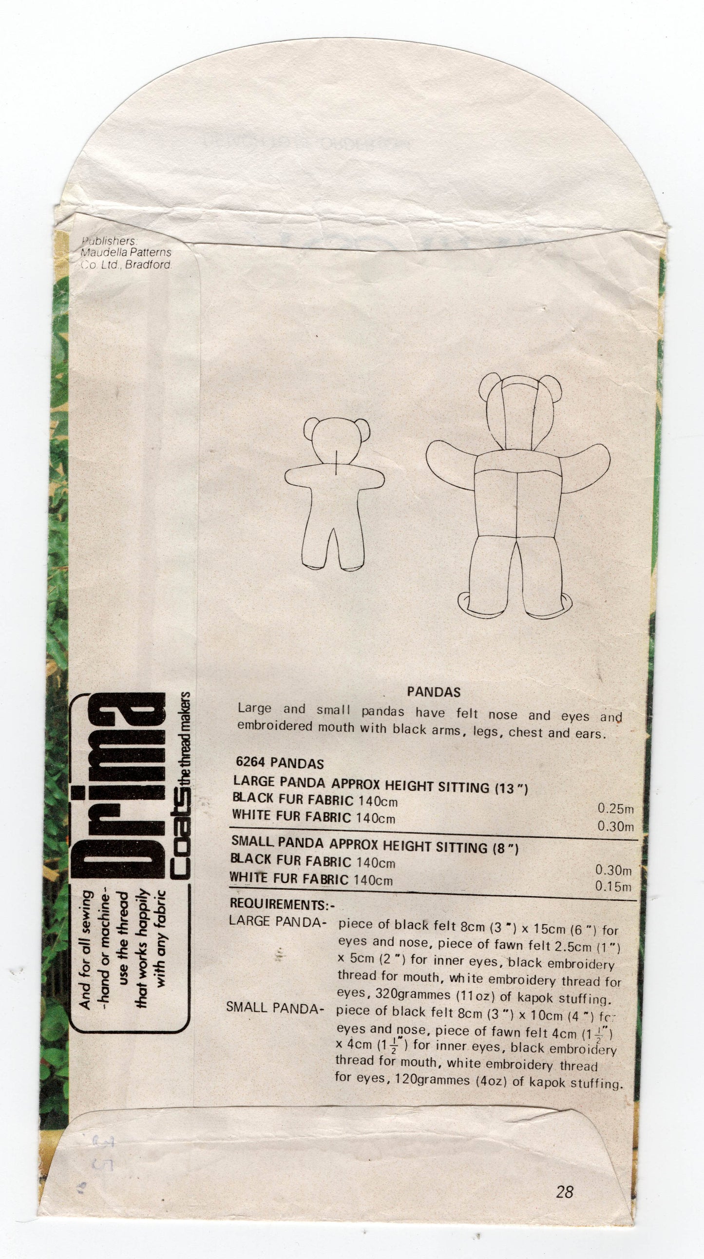 New Look 6264 Stuffed PANDA BEAR Toys Small & Large 1970s Vintage Sewing Pattern