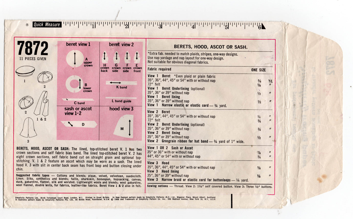 Simplicity 7872 Womens Hats Beret Hood (sash missing) 1960s Vintage Sewing Pattern ONE SIZE