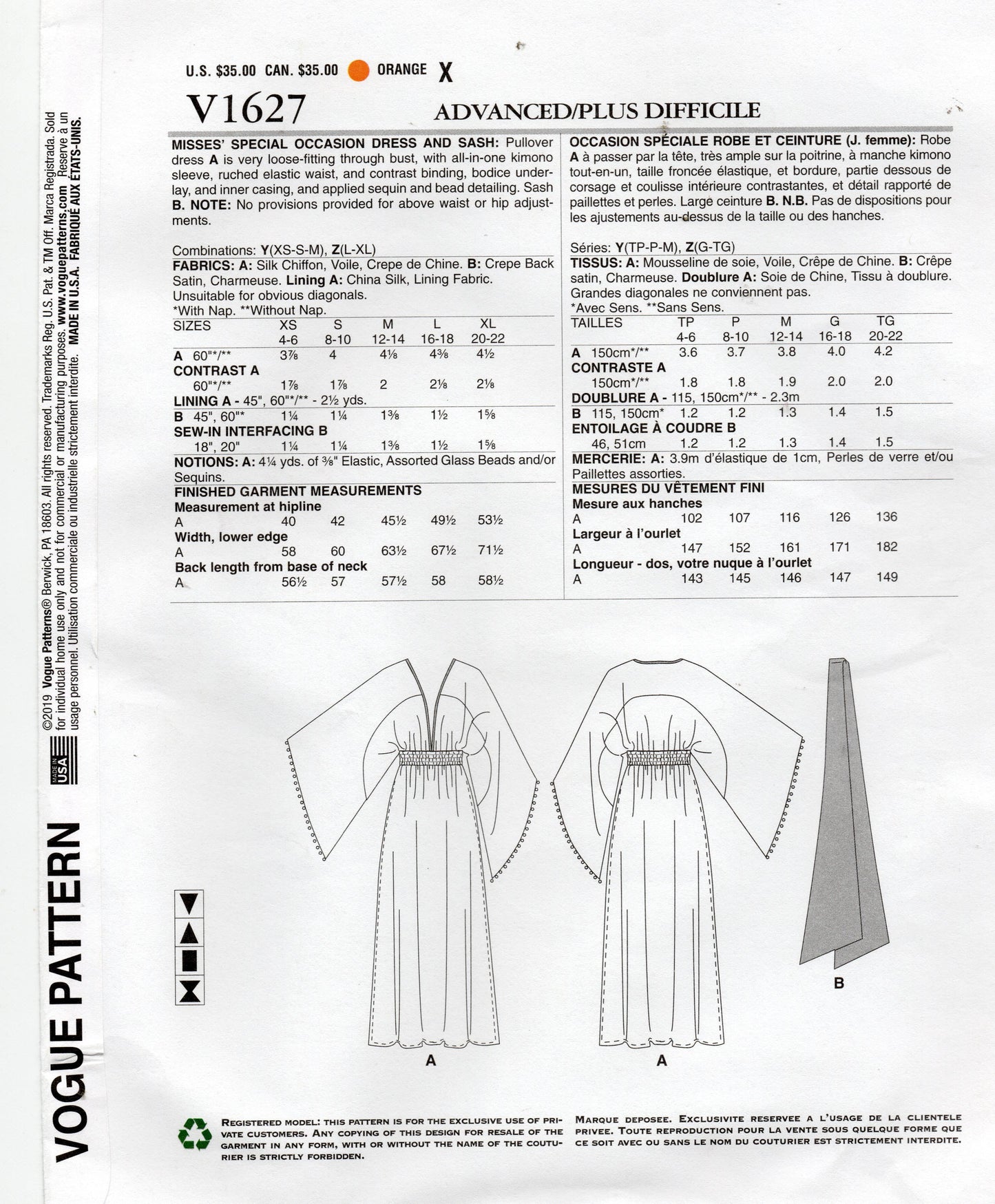 Vogue American Designer 1627 ZANDRA RHODES Womens Evening Kimono Dress & Sash Sewing Pattern Sizes XS-M or L-XL UNCUT Factory Folded