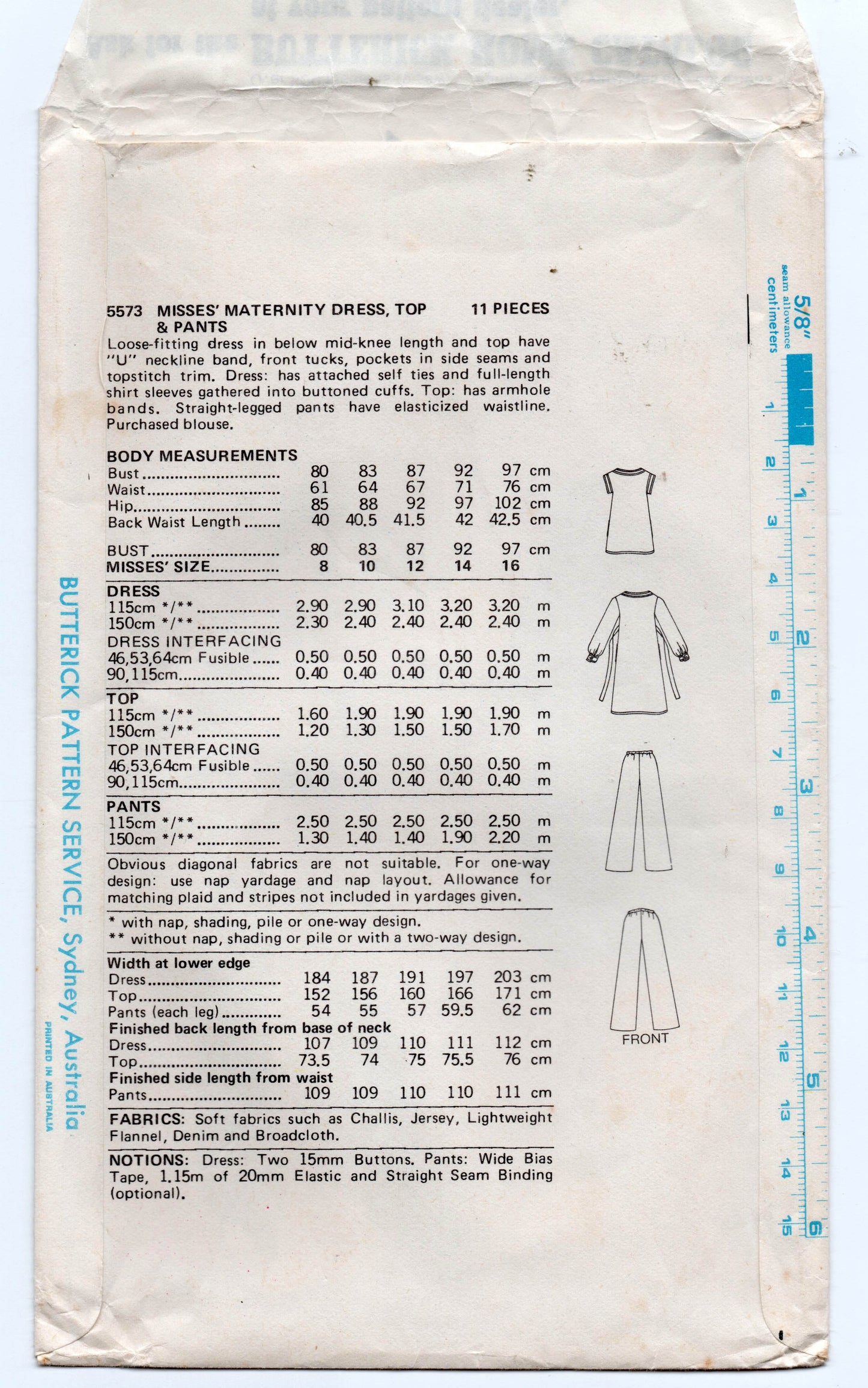 Butterick 5573 Womens Maternity Dress Tunic Top & Pants 1970s Vintage Sewing Pattern Size 12 UNCUT Factory Folded