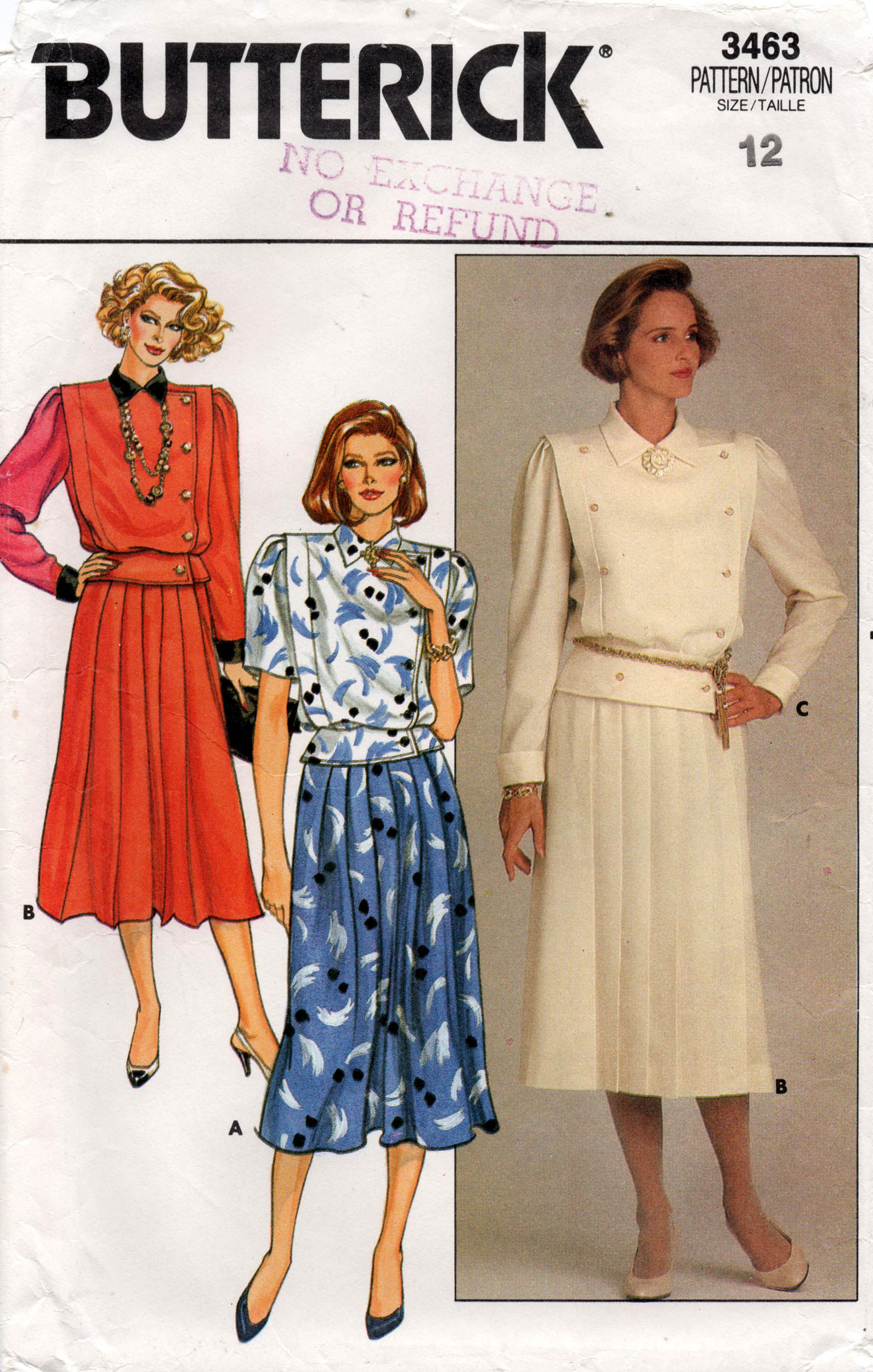 Butterick 3463 Womens Button Trimmed Peplum Top Pleated Skirt 1980s All The Precious Things