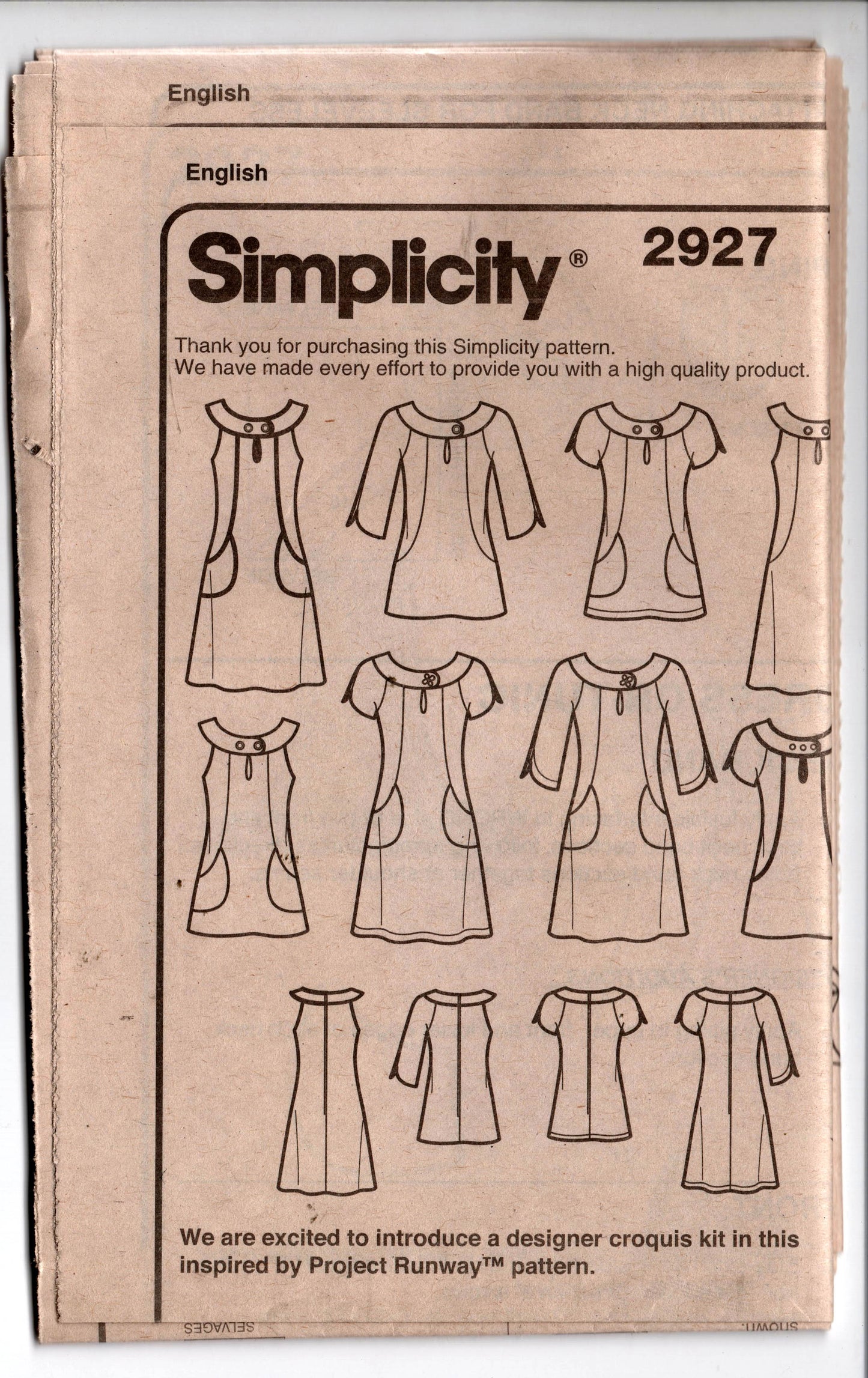 Simplicity 2927 Womens PROJECT RUNWAY Dress or Tunic with Pockets & Sleeve Variations Out Of Print Sewing Pattern Size 4 - 12 UNCUT Factory Folded