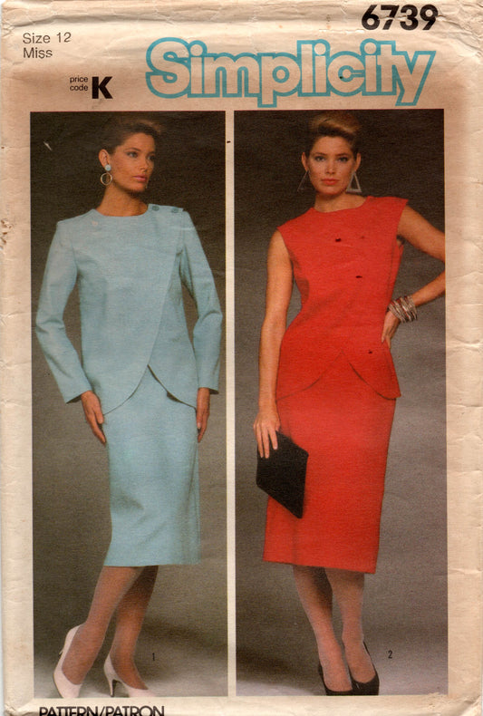 Patrón de costura vintage de los años 80 para chaqueta y falda cruzada asimétrica Simplicity 6739 para mujer, talla 12, busto de 34 pulgadas, sin cortar, doblado de fábrica