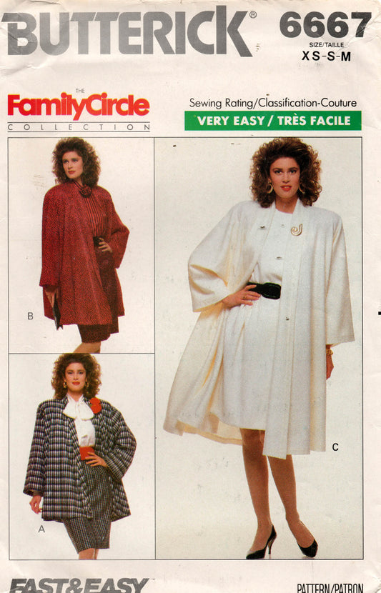 Patrón de costura Butterick 6667 para chaquetas EASY Swing para mujer, estilo vintage de los años 80, tallas XS a M, sin cortar, doblado de fábrica