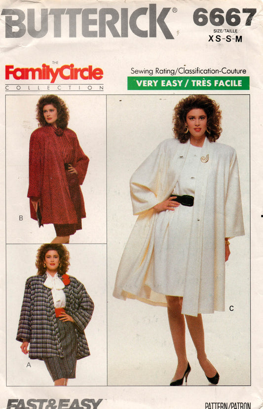 Butterick 6667 Womens EASY Swing Jackets 1980s Vintage Sewing Pattern Size XS - M UNCUT Factory Folded