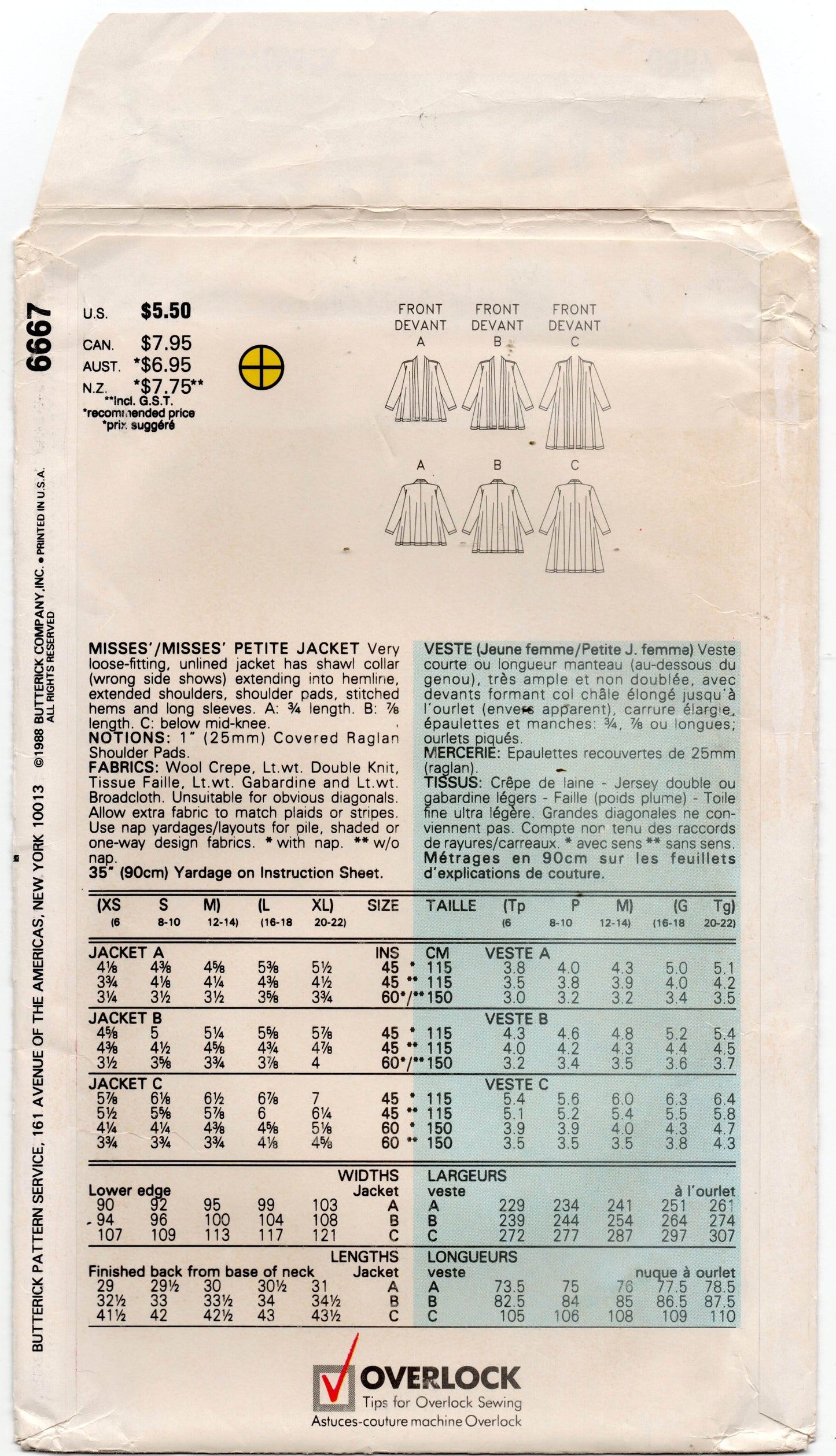 Butterick 6667 Womens EASY Swing Jackets 1980s Vintage Sewing Pattern Size XS - M UNCUT Factory Folded