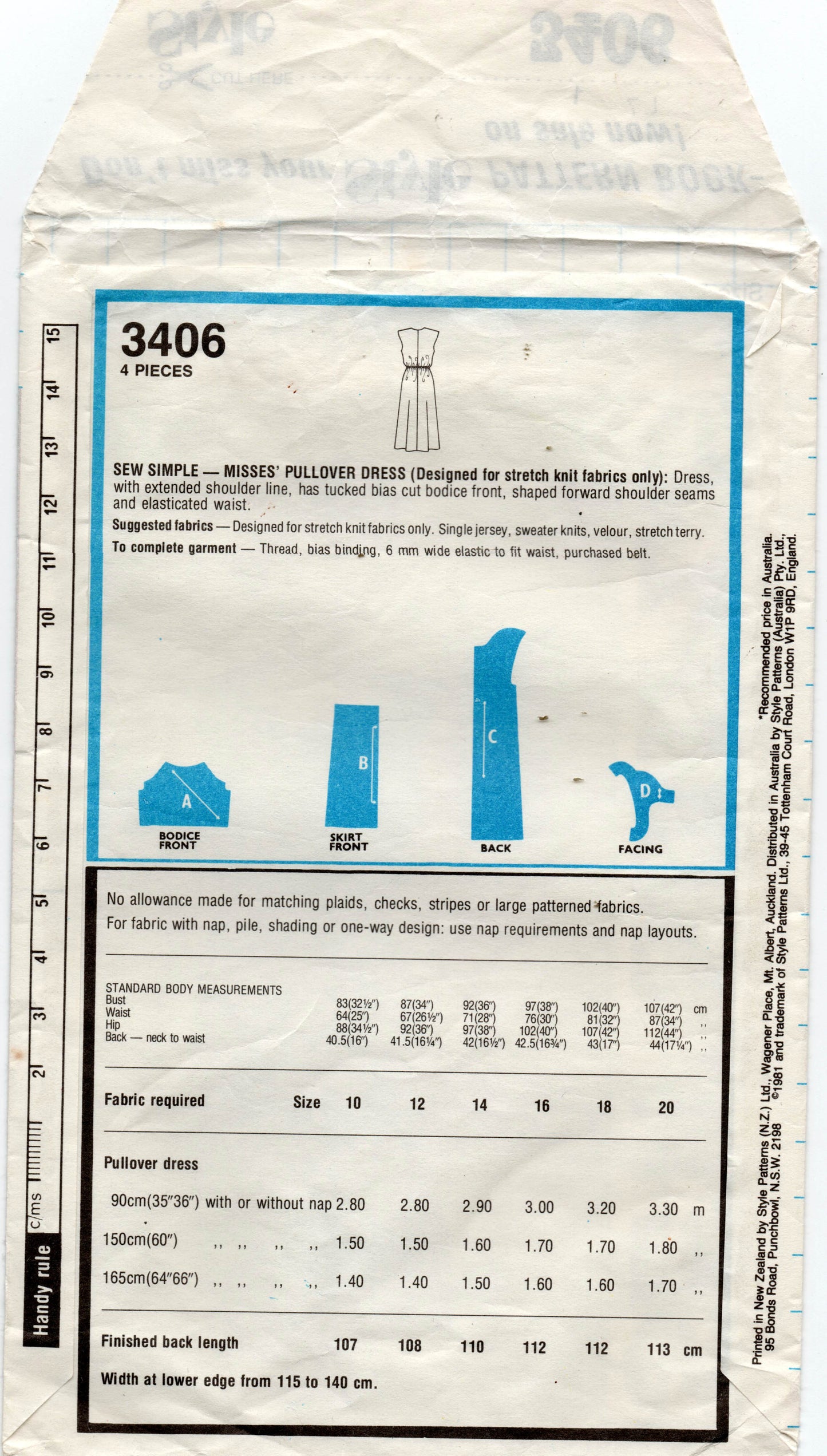 Style 3406 Womens EASY Stretch Knit Shoulder Draped Pullover Dress 1980s Vintage Sewing Pattern Size 16 - 20