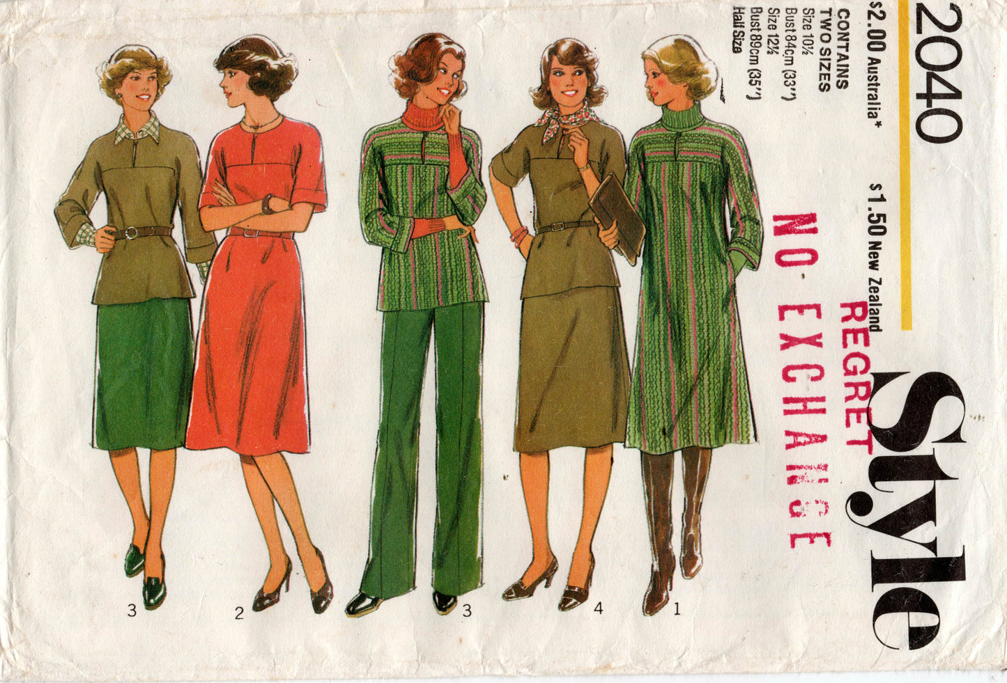 Patrón de costura vintage de los años 70, estilo 2040, para mujer, vestido, blusa, falda y pantalones de talla media, talla 10 1/2 y 12 1/2, sin cortar, doblado de fábrica