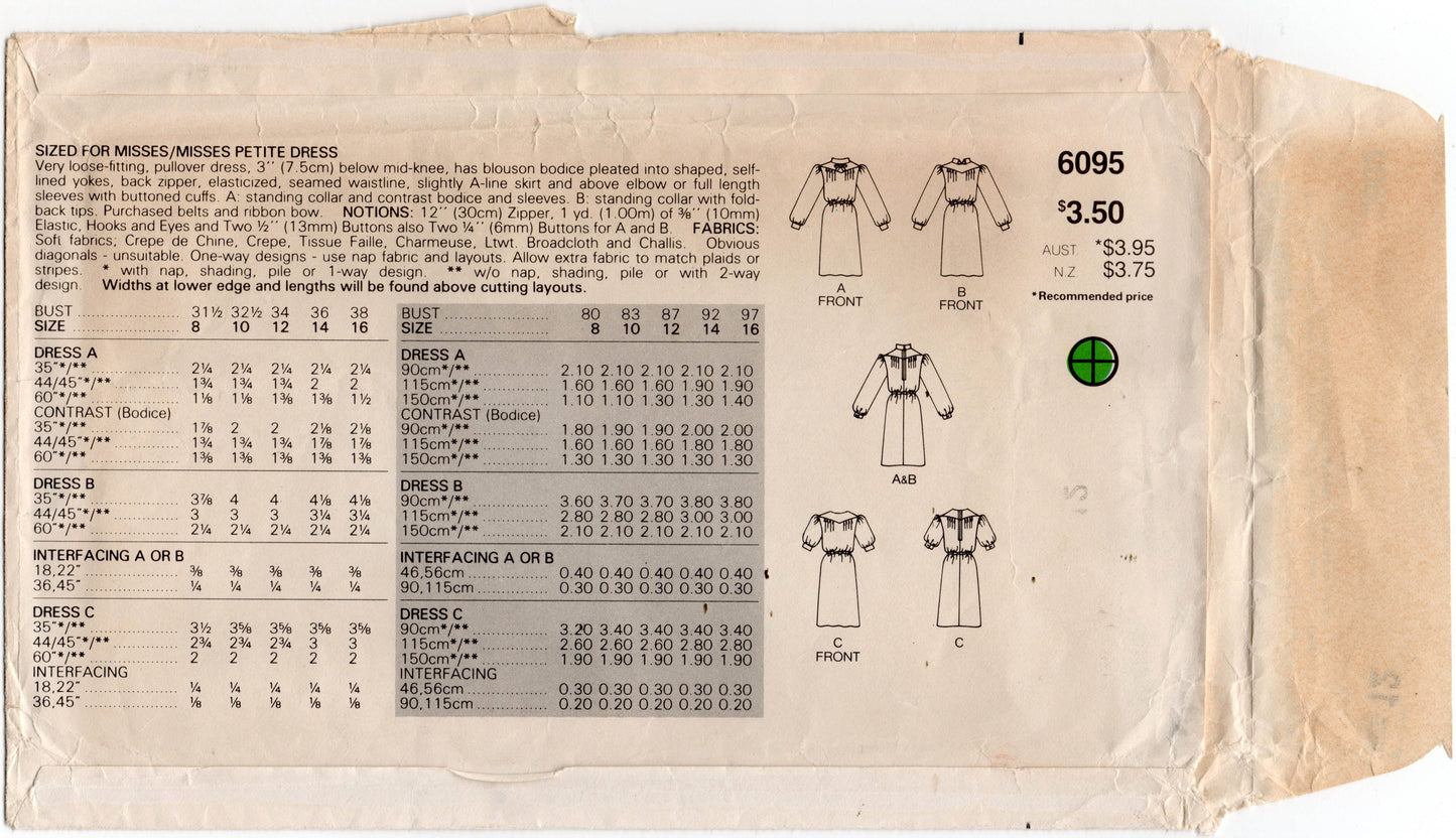 Butterick 6095 Womens Tucked Front Puffy Sleeved Dress 1980s Vintage Sewing Pattern Size 12 Bust 34 inches