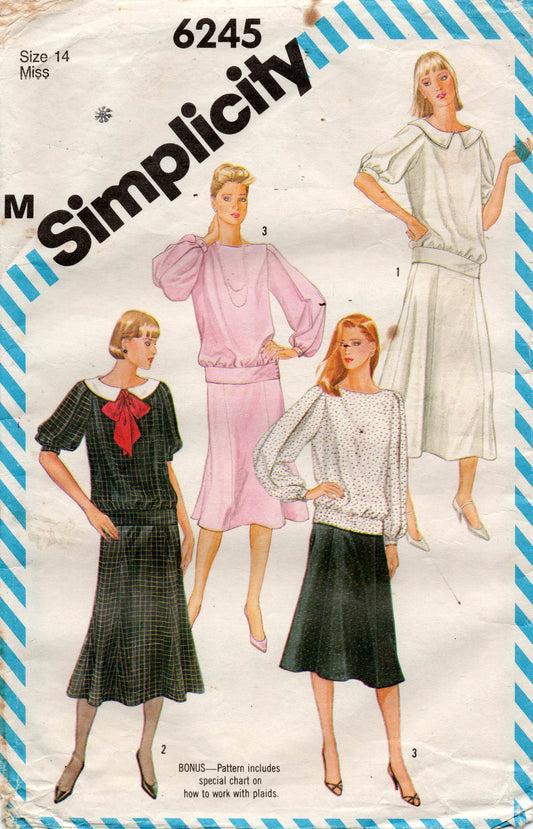 Patrón de costura vintage de los años 80 para blusa y falda con mangas abullonadas para mujer Simplicity 6245, talla 14, busto 36 pulgadas