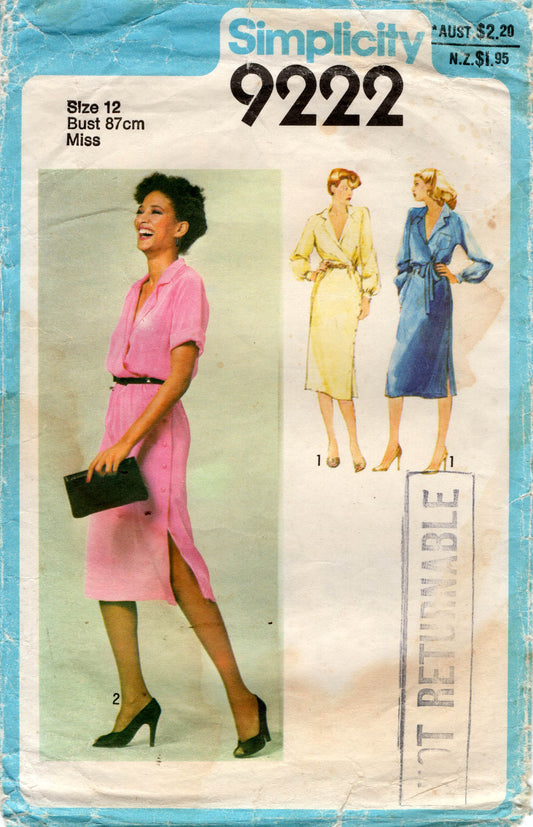 Patrón de costura vintage de los años 70 para vestido cruzado simulado con falda abotonada lateral para mujer Simplicity 9222, talla 12, busto 34 pulgadas