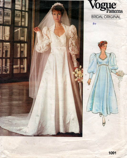 Patrón de costura original de Vogue Bridal 1091 para vestido de novia de cintura alta para mujer, mangas abullonadas, puños anchos, cola y enagua, años 80, talla 14, busto 36 pulgadas, SIN CORTAR, doblado de fábrica
