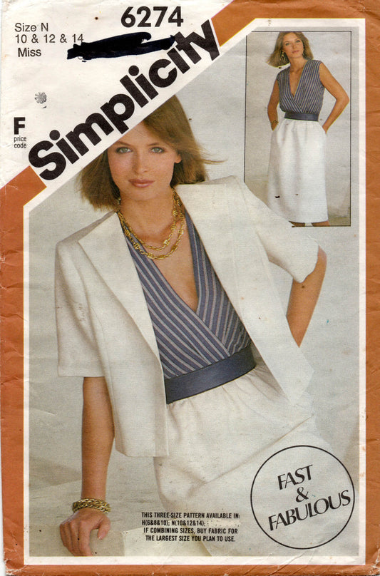 Patrón de costura vintage de los años 80 para vestido y chaqueta con corpiño cruzado para mujer Simplicity 6274, tallas 6 a 10 o 10 a 14