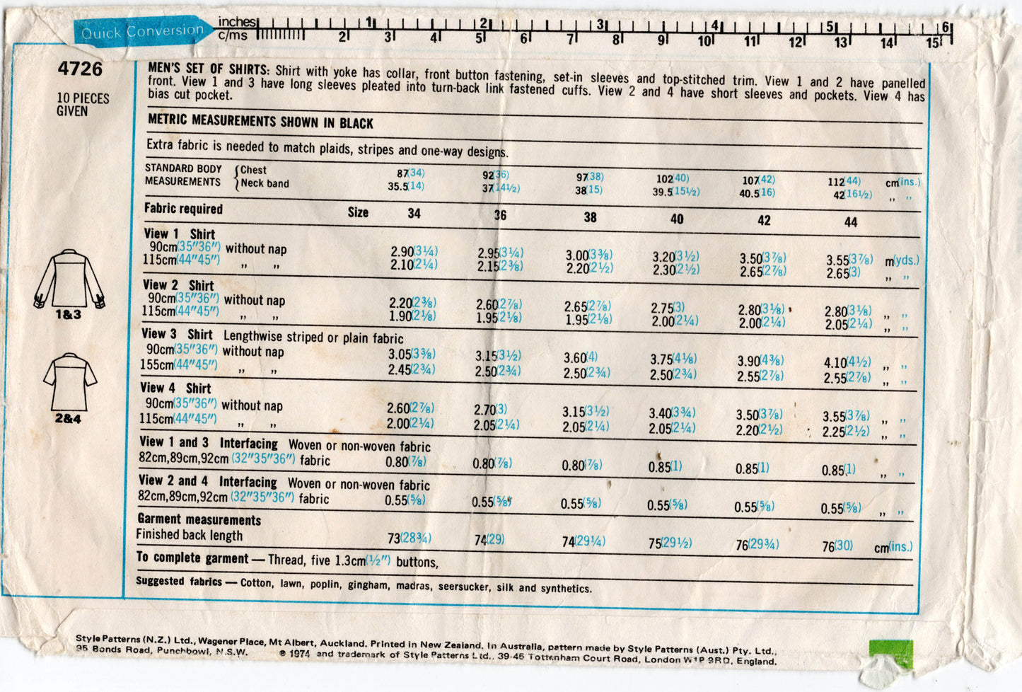 Style 4726 Mens Retro Wide Lapel Body Shirts 1970s Vintage Sewing Pattern Size Chest 34 inches