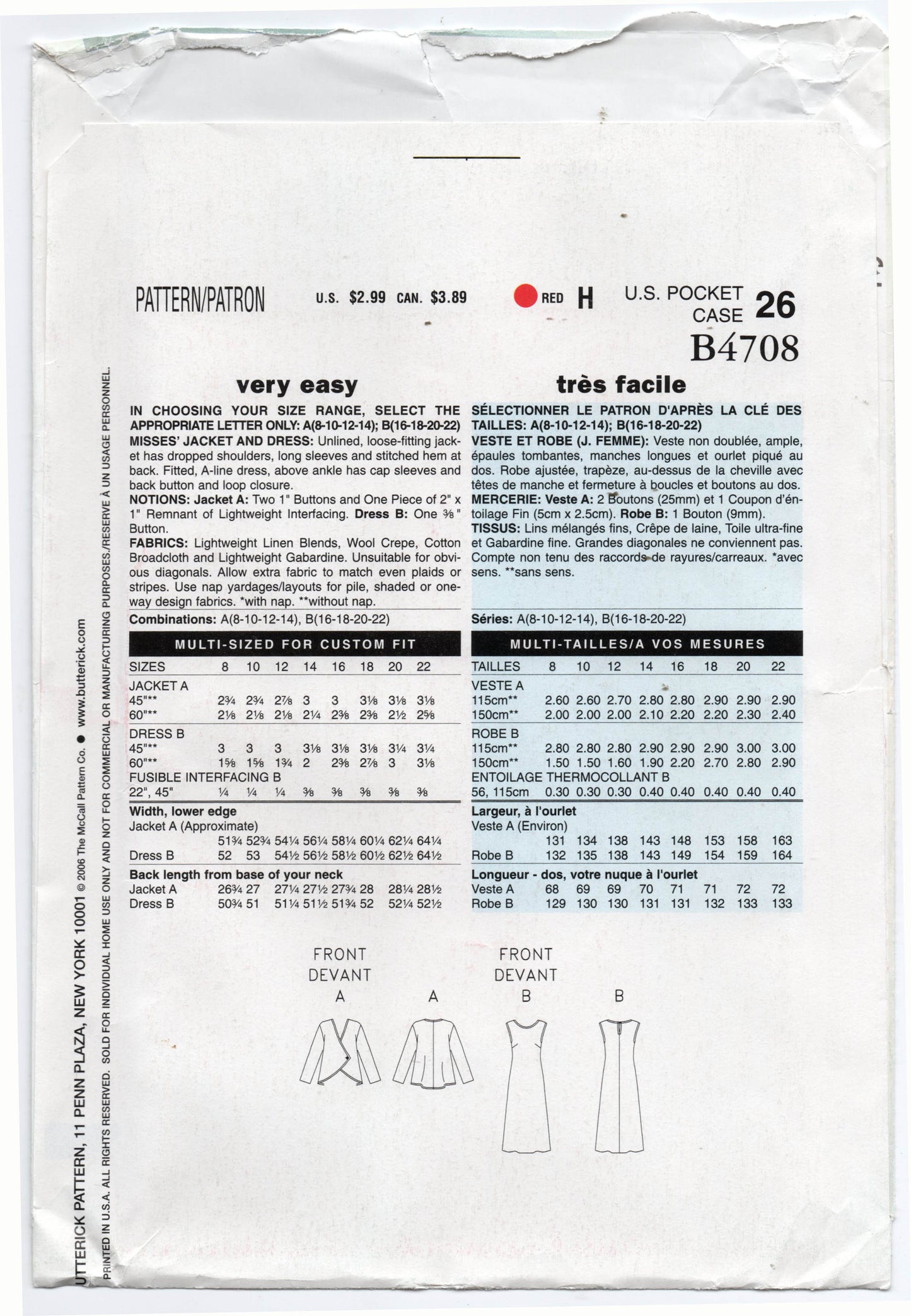 Butterick See & Sew B4708 Womens EASY Cap Sleeved Dress & Jacket Out Of Print Sewing Pattern Size 8 - 14 UNCUT Factory Folded