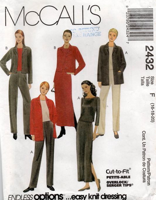 Patrón de costura vintage de los años 90 para chaqueta, top, falda y pantalones elásticos McCall's 2432 para mujer, talla 16-20, doblado de fábrica sin cortar
