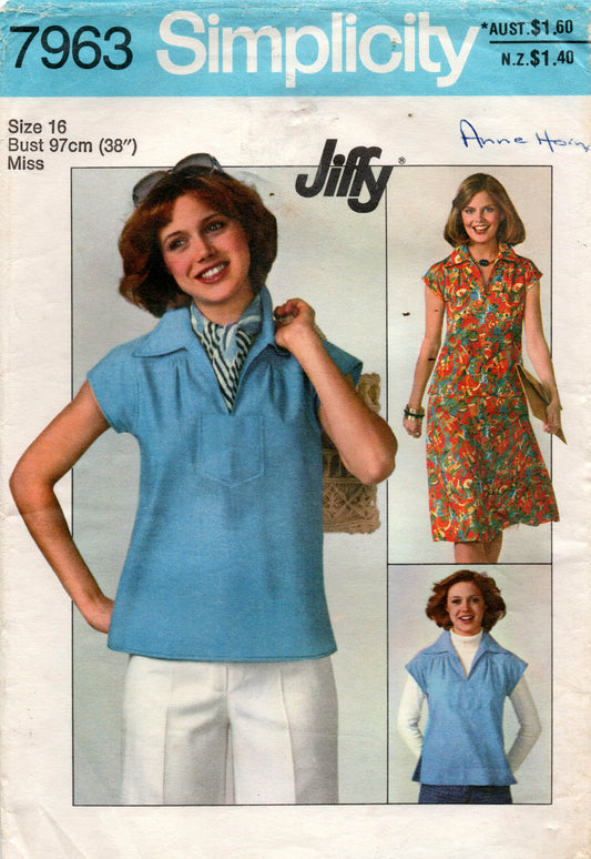Patrón de costura vintage de los años 70 para blusa y falda tipo jersey JIFFY de Simplicity 7963, para mujer, talla 16, busto de 38 pulgadas