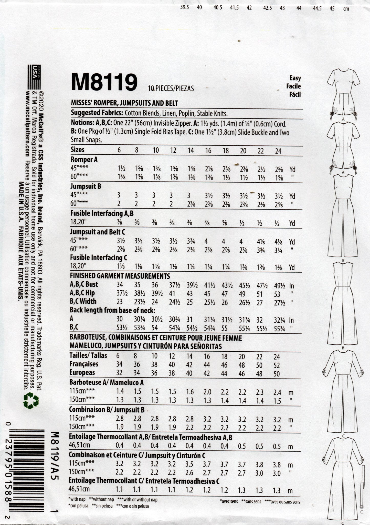 McCall's 8119 Womens #MarlowMcCalls Jumpsuits Sewing Pattern Sizes 6 - 14 UNCUT Factory Folded
